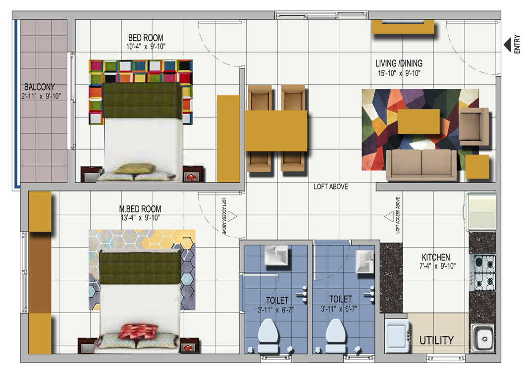 2BHK East Facing 918 Sq.Ft (85 Sq.Mt)
