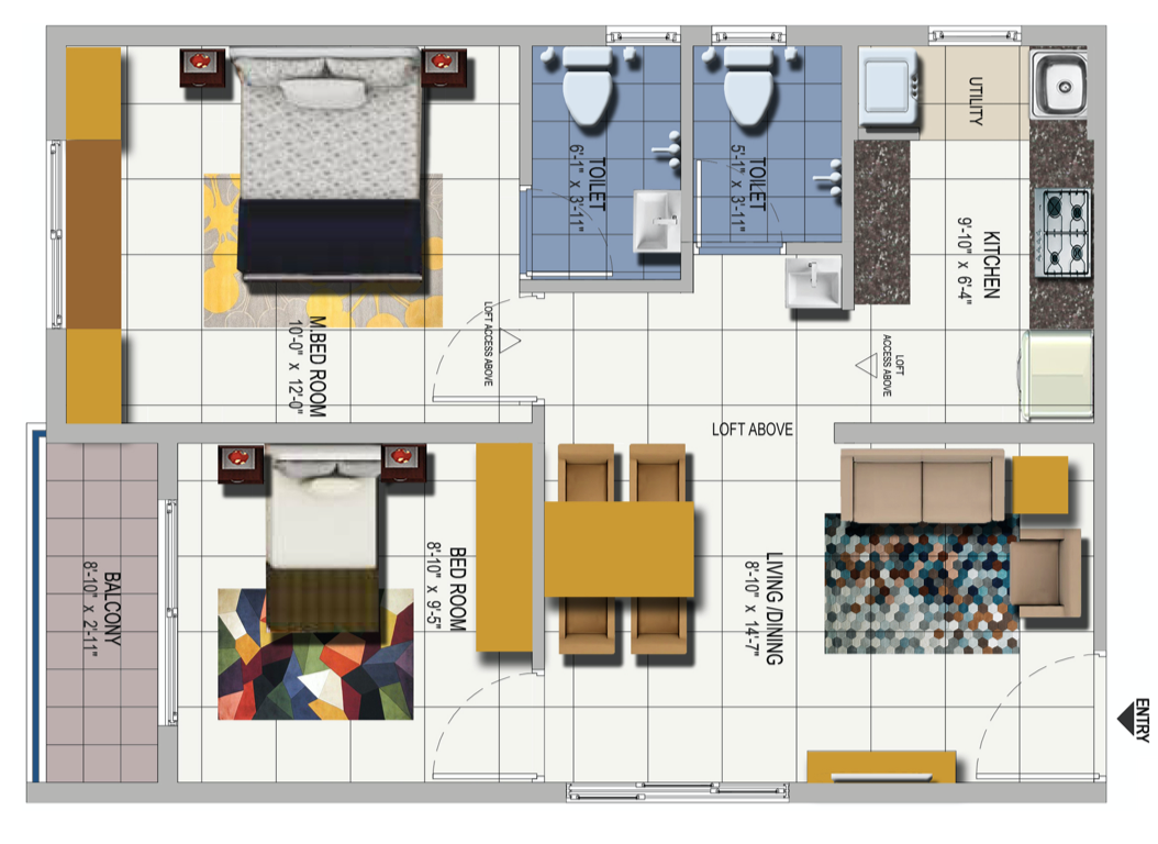 2BHK North Facing 810 Sq.Ft (76 Sq.Mt)